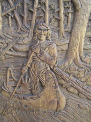 American Indian in Canoe Nature 3D Americana Hand Carved Wood Folk Art Plaque 3