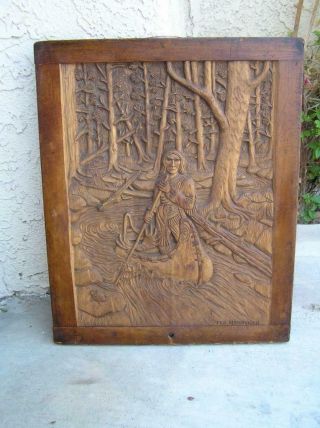 American Indian in Canoe Nature 3D Americana Hand Carved Wood Folk Art Plaque 4