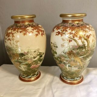 Fine Large Antique Japanese Satsuma Vases - Meiji Period Pheasants 12”