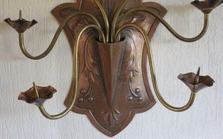 Large Arts & Crafts hammered brass copper wall candle holder. 6