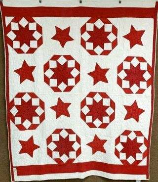 Patriotic Red 1909 Kaleidoscope Stars Antique Quilt Signed Jennie Boyds