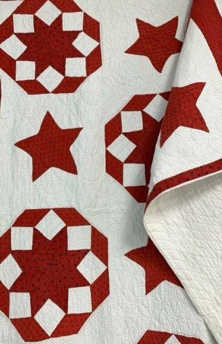 Patriotic Red 1909 Kaleidoscope STARS Antique Quilt Signed Jennie Boyds 7