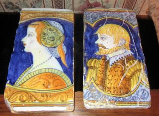 Pair Antique Italian Hand Painted Tiles Of Man & Woman; Cobalt Blue