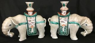Fine Old Chinese Scholar Enamel Porcelain Elephant Candle Holders Famille Rose