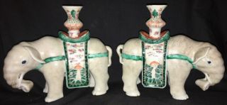 Fine Old Chinese Scholar Enamel Porcelain Elephant Candle Holders Famille Rose 2