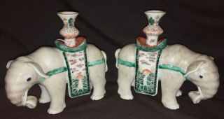 Fine Old Chinese Scholar Enamel Porcelain Elephant Candle Holders Famille Rose 3