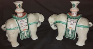 Fine Old Chinese Scholar Enamel Porcelain Elephant Candle Holders Famille Rose 4