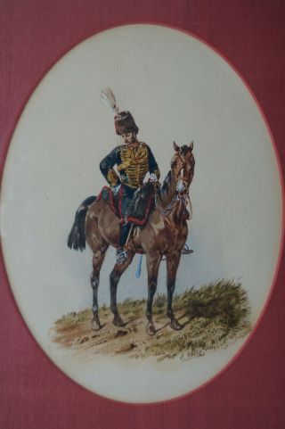 Victorian Framed British Orlando Norie Water Colour Print Hussar On Horseback