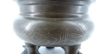 Chinese Silver Wire Inlaid Bronze Censer 18th Shisou Mark Provenance Ding Qing 2
