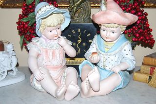 Extra Large Boy Girl Hand Painted Bisque Porcelain Piano Baby Figurine