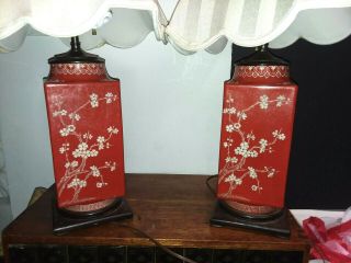 Pair Antique Chinese Porcelain Vase Lamps On Wood Bases W/bronze Stems