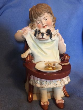Antique Piano Baby Hertwig/ Huebach? Bisque.  Girl In Hichair Feeding Her Dog13”