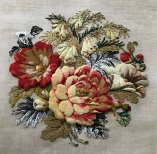 Antique Victorian Plushwork,  Turkey Work,  Beaded,  Tapestry Panel,  Roses