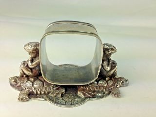 Antique Silverplate Figural Rare Victorian " Cherubs & Turtles " Napkin Ring