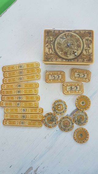 Antique French ? Gaming Counters And Box Hand Painted 19thc Rare,  Bone