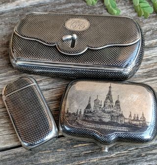 19th C Russian Matching Niello Snuff Box Cigarette & Match Cases 84 Silver