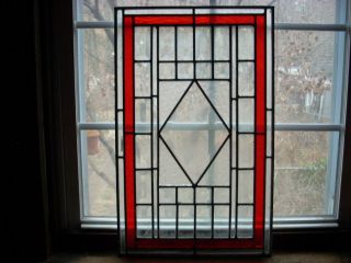 Antique Vintage Stained Glass Window Red & Clear Glass 22 " X 14 "