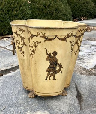 Antique French Metal Hand - Painted Trash Waste Can Lion’s Head Handles