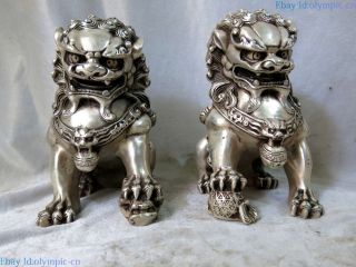 Fine Silver Sculpture Lucky China Carved Town House Foo Dogs Lions Pair Statue
