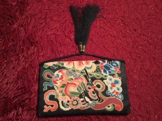 ANTIQUE 19th QI ' ING CHINESE EMBROIDERED SILK PURSE TASSEL POUCH BAG EMBROIDERY 3
