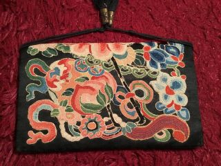 ANTIQUE 19th QI ' ING CHINESE EMBROIDERED SILK PURSE TASSEL POUCH BAG EMBROIDERY 5