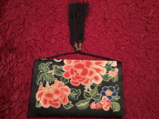 ANTIQUE 19th QI ' ING CHINESE EMBROIDERED SILK PURSE TASSEL POUCH BAG EMBROIDERY 9
