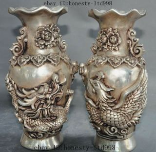Old Chinese Silver Flower Dragon Phoenix Statue Zun Cup Bottle Pot Vase Jar Pair