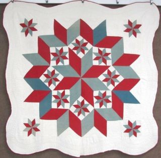 Show Stopper C 1880 - 90s Star Antique Quilt 15 Stars Red Green Finest Quilting