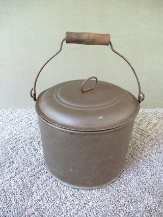 Antique Kettle Cooking Pot Berry Bucket Tin Vintage Primitive,  Lid & Bail Handle