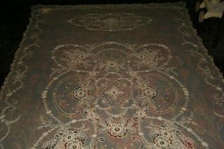 Ant.  Ecru Mesh Net Embroidered Tambour? Lace Bedspread Cover 107 " X 72 "