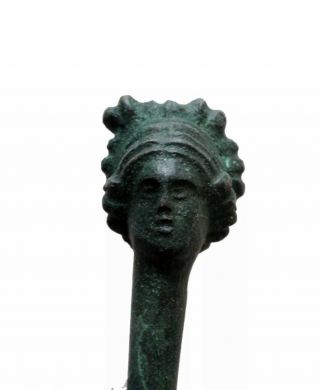 Ancient Greek Bronze Hair Pin With Artemis Face (400 - 200 Bce)
