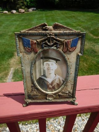 Antique Ww1 1917 Us Flag,  Eagle & Ships Cast Iron Military Picture Frame Navy