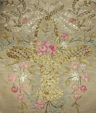 Antique Silk Ribbonwork Embroidered Basket Of Flowers Vintage Ribbon Embroidery
