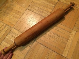 Mid 19th Century Shaker Maple Wood Rolling Pin W Extra Carved Out Handles 11