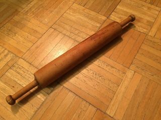 Mid 19th Century Shaker Maple Wood Rolling Pin W Extra Carved Out Handles