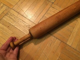 Mid 19th Century Shaker Maple Wood Rolling Pin W Extra Carved Out Handles 3