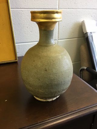 Antique Chinese Or Korean Celadon Pottery Vase Bottle Gold Repair