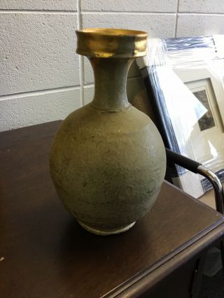 Antique Chinese or Korean Celadon Pottery Vase Bottle Gold Repair 2
