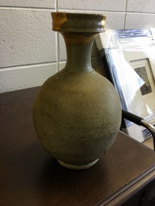 Antique Chinese or Korean Celadon Pottery Vase Bottle Gold Repair 3