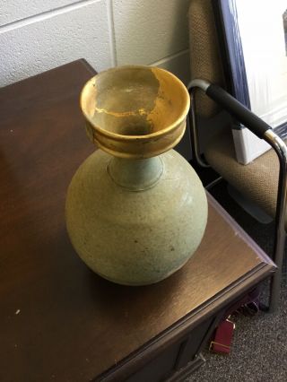 Antique Chinese or Korean Celadon Pottery Vase Bottle Gold Repair 7