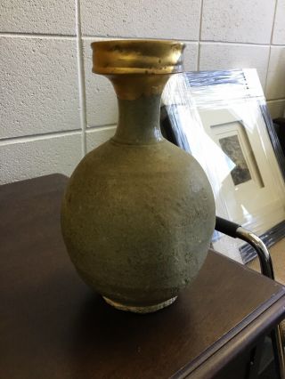 Antique Chinese or Korean Celadon Pottery Vase Bottle Gold Repair 8