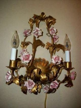 Antique Italian French Tole Gilt 14 Porcelain Roses Sconce Wall Lamp Stunning