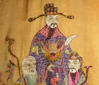 A Huge Antique Chinese Embroidered Panel Fu Shou Lu 19th Century