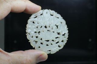Antique Chinese 19th Century Carved Pale Celadon Jade Bi Disc Pendant Bat 4