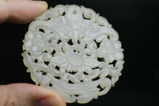 Antique Chinese 19th Century Carved Pale Celadon Jade Bi Disc Pendant Bat 5