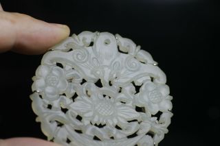 Antique Chinese 19th Century Carved Pale Celadon Jade Bi Disc Pendant Bat 6