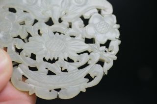 Antique Chinese 19th Century Carved Pale Celadon Jade Bi Disc Pendant Bat 7