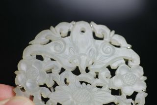 Antique Chinese 19th Century Carved Pale Celadon Jade Bi Disc Pendant Bat 8