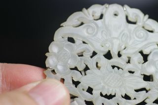 Antique Chinese 19th Century Carved Pale Celadon Jade Bi Disc Pendant Bat 9