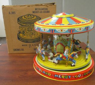 Vintage J.  Chein Tin Litho Playland Merry Go Round Wind Up Toy Orig Box